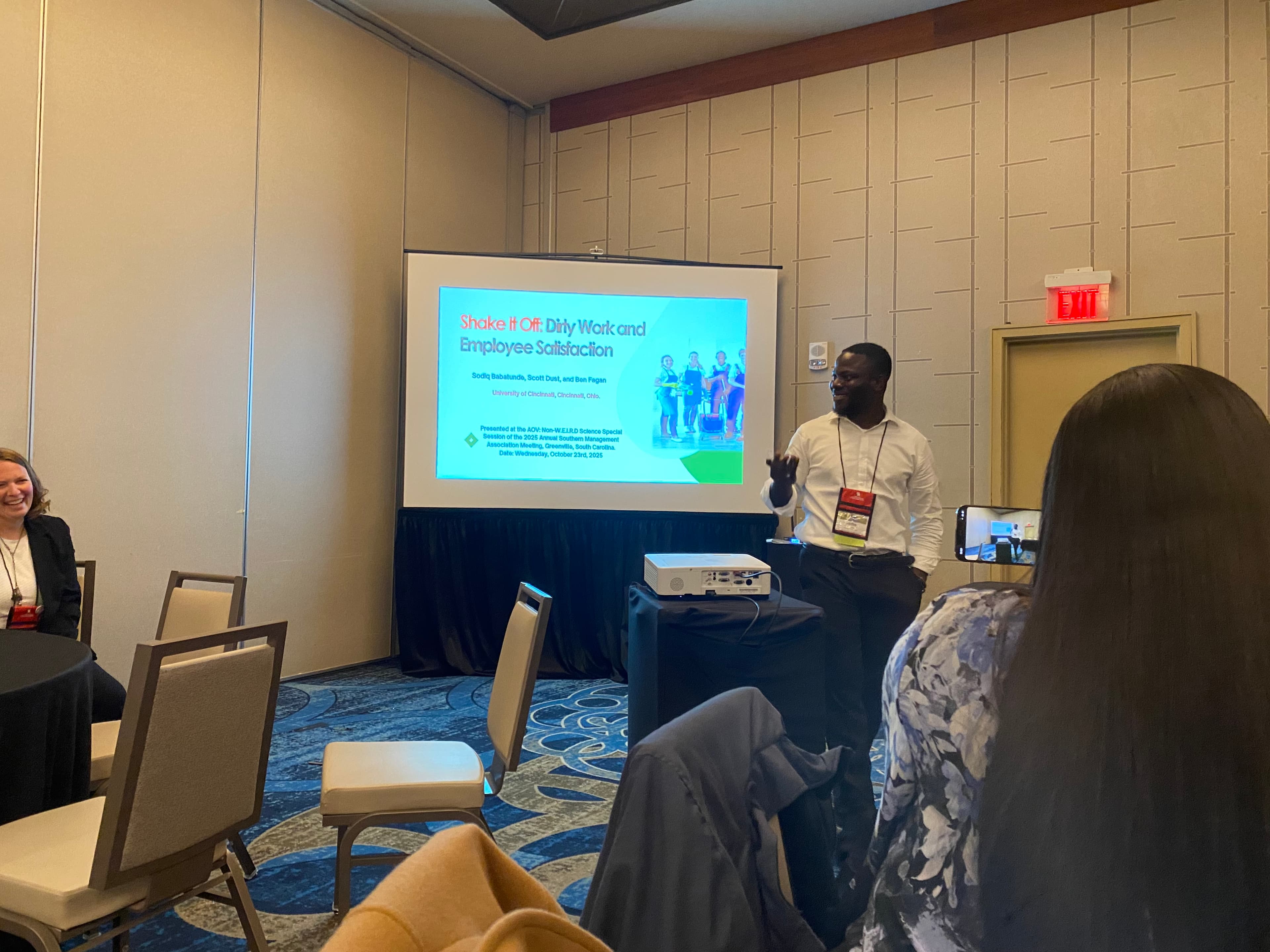 Sodiq Babatunde presenting “Shake It Off: Dirty Work and Employee Satisfaction” at the 2025 Southern Management Association Annual Meeting
